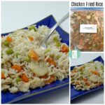 plate of rice with cubed chicken, carrots, peas, and water chestnuts