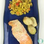 salmon, Brussels sprouts, and a vegetable rice