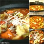 tortellini and vegetables in a red broth in a slow cooker