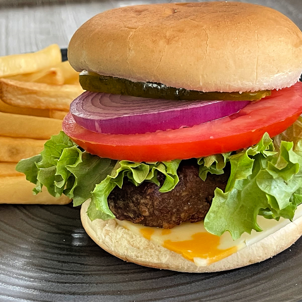 A hamburger is plated with fries on a black plate. The hamburger is topped with red onion, a tomato slice, green lettuce and a slice of cheese.